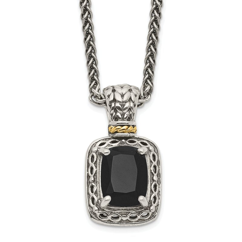 Sterling Silver with 14K Accent 18 inch Antiqued Black Onyx Necklace