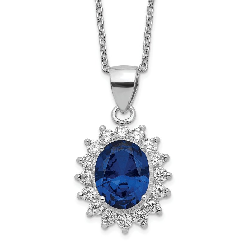 Sterling Silver Rhodium-plated Brilliant-cut Lab Created Dark Blue Spinel and Brilliant-cut White CZ Oval Halo 18 Inch Necklace