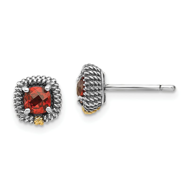 Sterling Silver with 14K Accent Antiqued Square Cushion Garnet Post Earrings