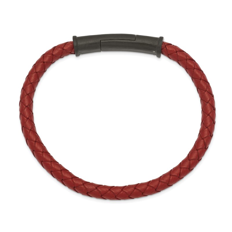 Stainless Steel Brushed Black IP-plated Red Braided Leather 8.5 inch Bracelet