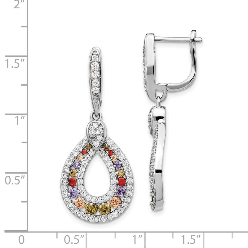 Sterling Silver Rhodium-plated Multi-color Brilliant-cut CZ Teardrop Hinged Post Dangle Earrings