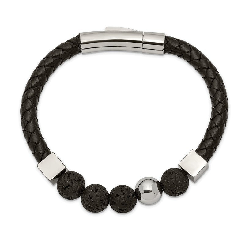 Stainless Steel Polished with Lava Stone Beads Black Leather 8 inch Bracelet