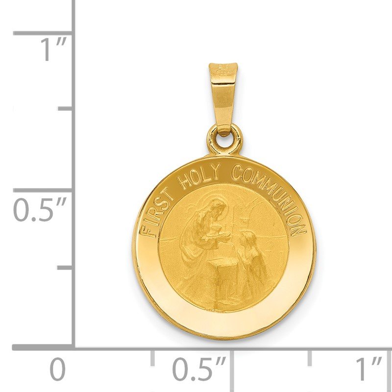 14k Polished and Satin Hollow FIRST HOLY COMMUNION Medal Round Pendant