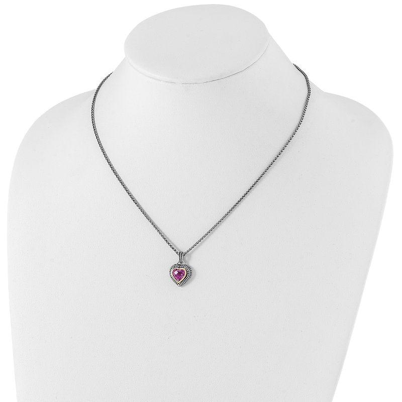 Sterling Silver with 14K Accent 18 Inch Antiqued Heart Bezel Created Pink Sapphire Necklace