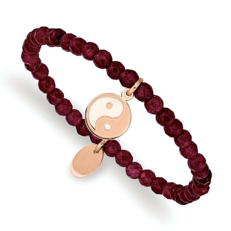 Stainless Steel Polished and Satin Rose IP-plated YingYang 4mm Red Jade Beaded Stretch Bracelet