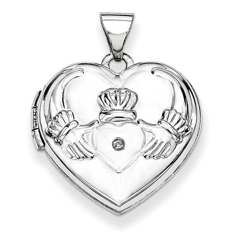 14k White Gold Diamond Claddagh with Poem on Reverse 18mm Heart Locket
