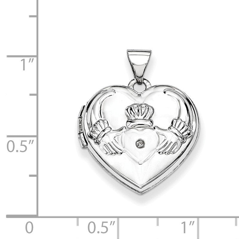 14k White Gold Diamond Claddagh with Poem on Reverse 18mm Heart Locket