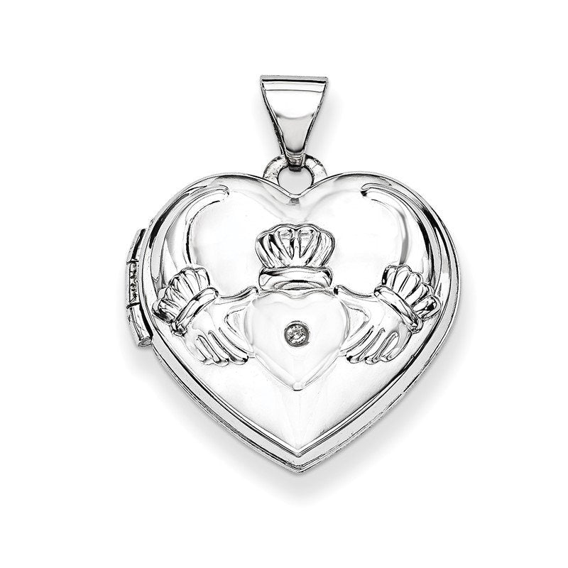 14k White Gold Diamond Claddagh with Poem on Reverse 18mm Heart Locket