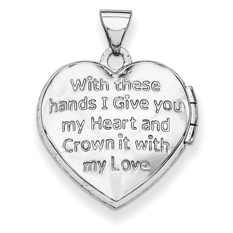 14k White Gold Diamond Claddagh with Poem on Reverse 18mm Heart Locket