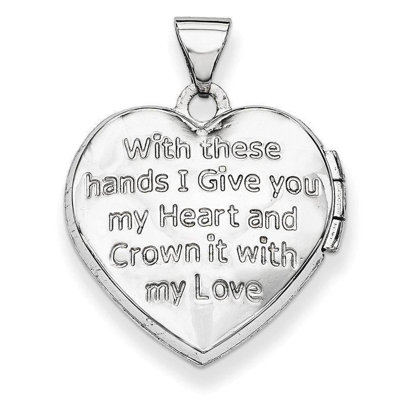 14k White Gold Diamond Claddagh with Poem on Reverse 18mm Heart Locket