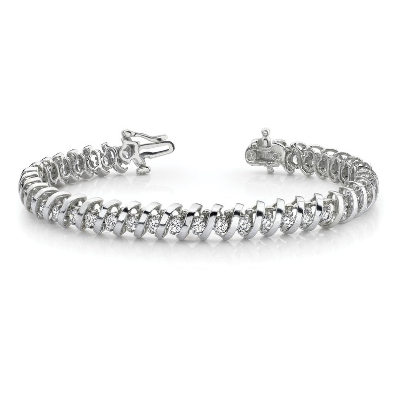 14k White Gold Complete 1.4 carat Round AA Diamond Fancy Spiral 7 inch Tennis Bracelet