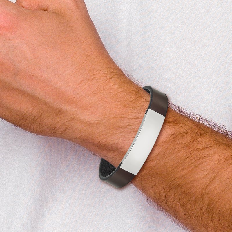 Stainless Steel Polished Brown Leather 8.25 inch ID Bracelet