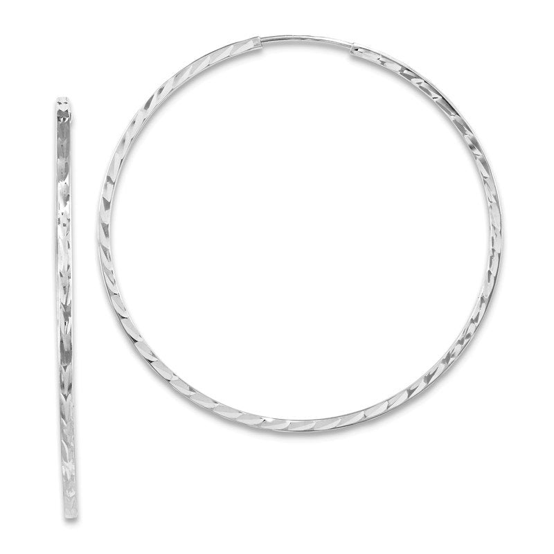 14k White Gold 1.35x40mm Diamond-cut Square-Tube Endless Hoop Earrings