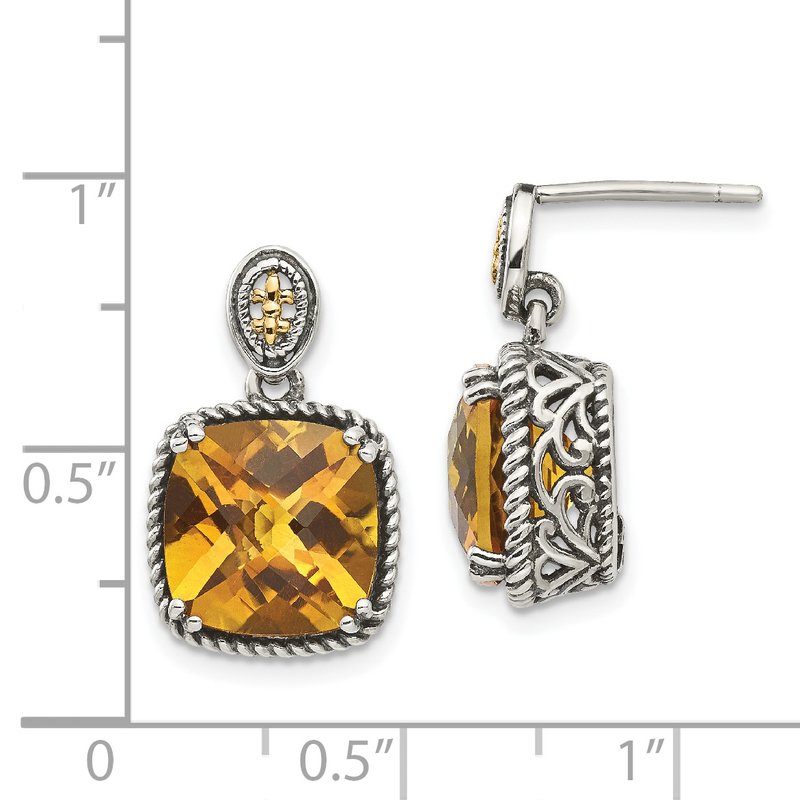 Sterling Silver with 14K Accent Antiqued Cushion Citrine Dangle Post Earrings