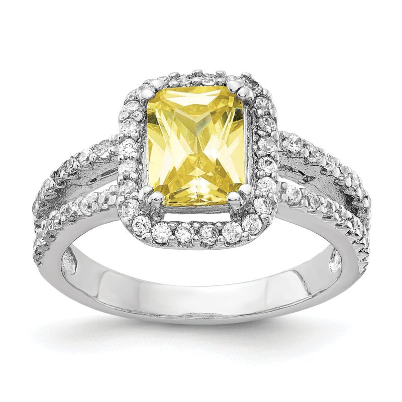Sterling Silver Rhodium-plated Fancy Yellow Elongated Cushion-cut and White Brilliant-cut CZ Halo Ring