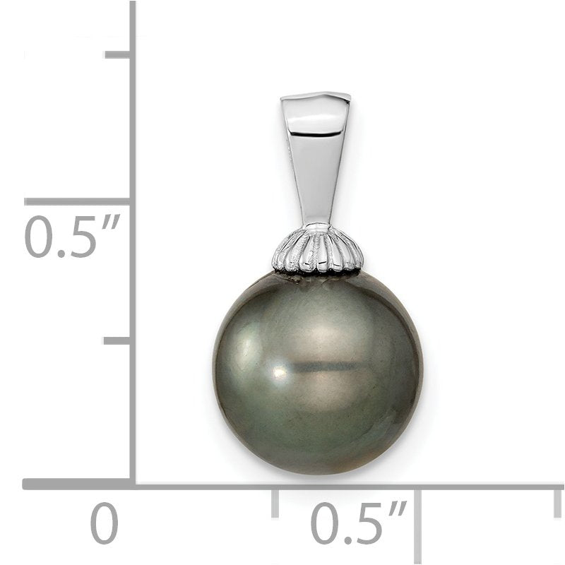 14k White Gold 9-10mm Black Round Tahitian Saltwater Cultured Pearl Pendant