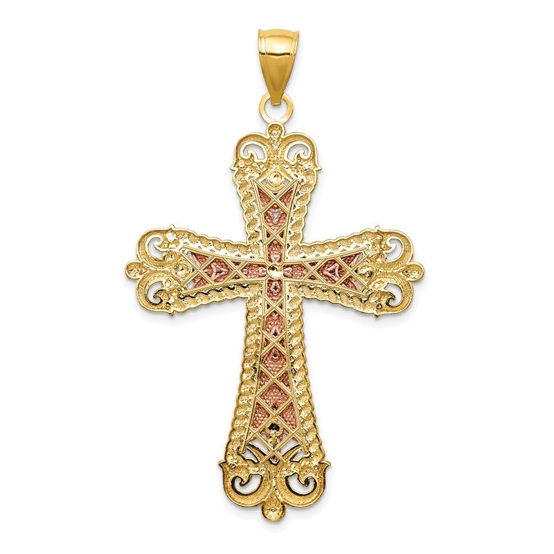 14K Tri-Color and White Rhodium Large Diamond-cut Crucifix Pendant