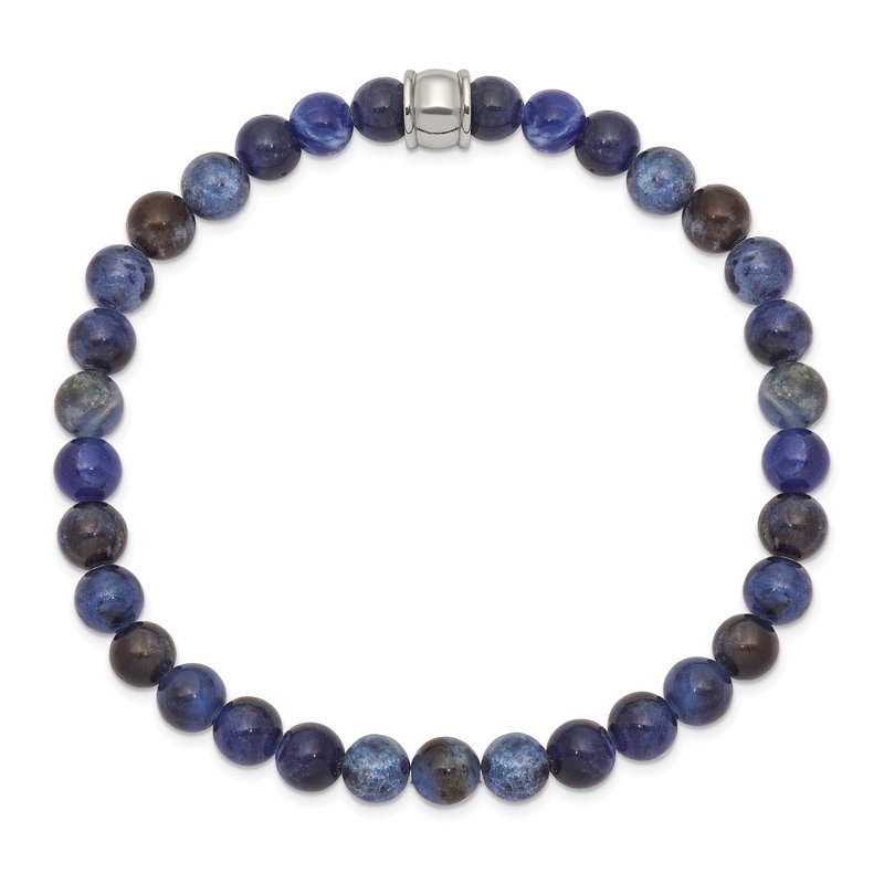Stainless Steel Polished 6mm Blue Sodalite Beaded Stretch Bracelet