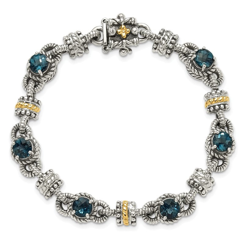 Sterling Silver with 14K Accent 7.25 Inch Antiqued Round London Blue Topaz Bracelet