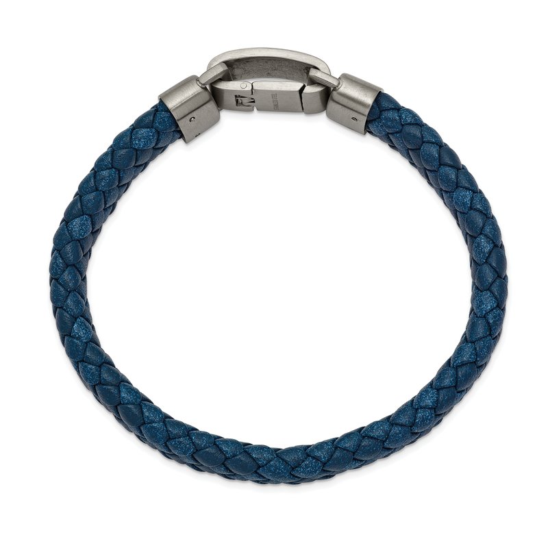 Stainless Steel Brushed Blue Leather 8.25 inch Bracelet