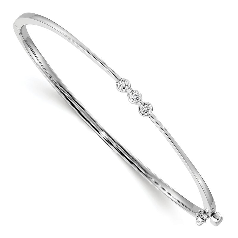 14k White Gold Complete 3-Stone 1/5 carat AA Diamond Hinged Oval Bangle Bracelet