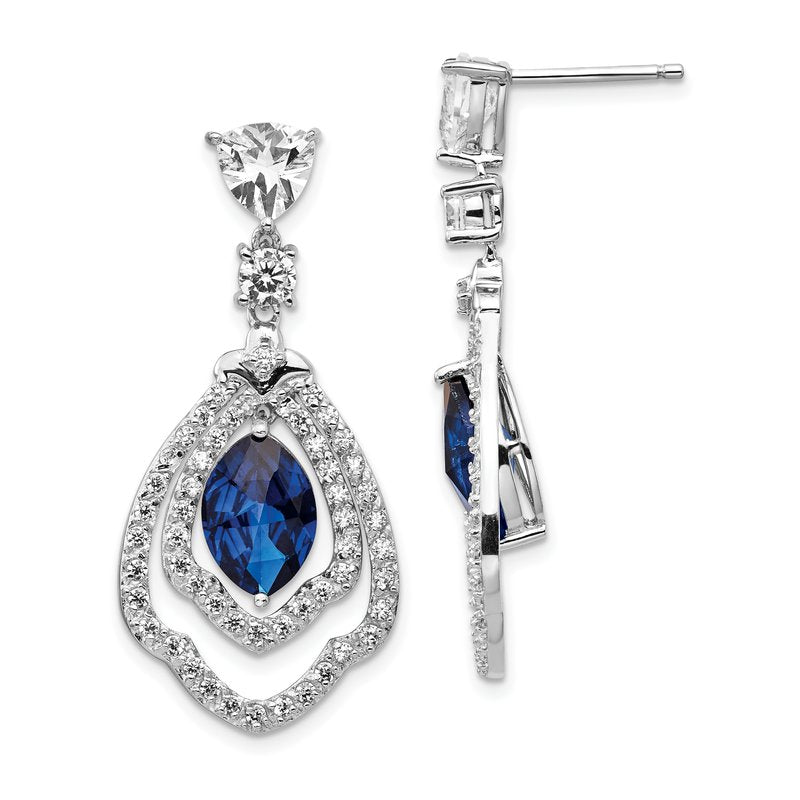 Sterling Silver Rhodium-plated Fancy Brilliant-cut Lab Created Dark Blue Spinel and Brilliant-cut White CZ Post Dangle Earrings