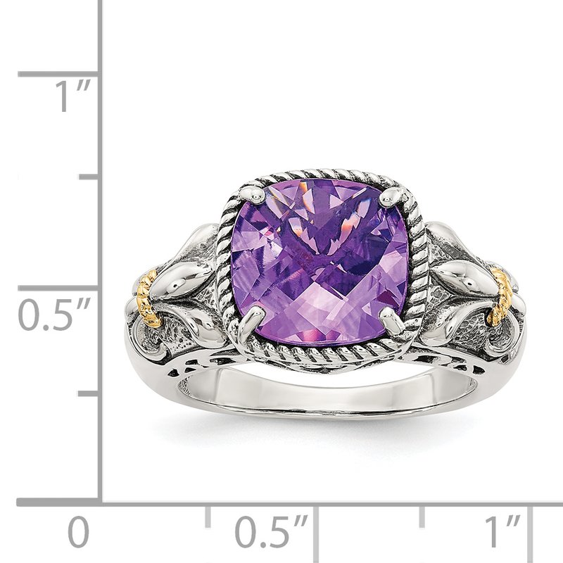 Sterling Silver with 14K Accent Antiqued Cushion Amethyst Ring