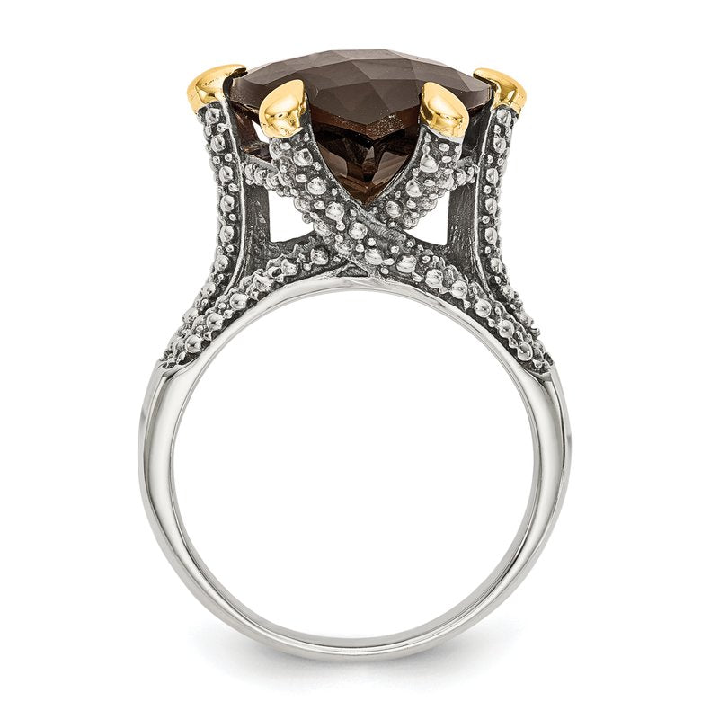 Sterling Silver with 14K Accent Antiqued Trillion Checkerboard Smoky Quartz Ring