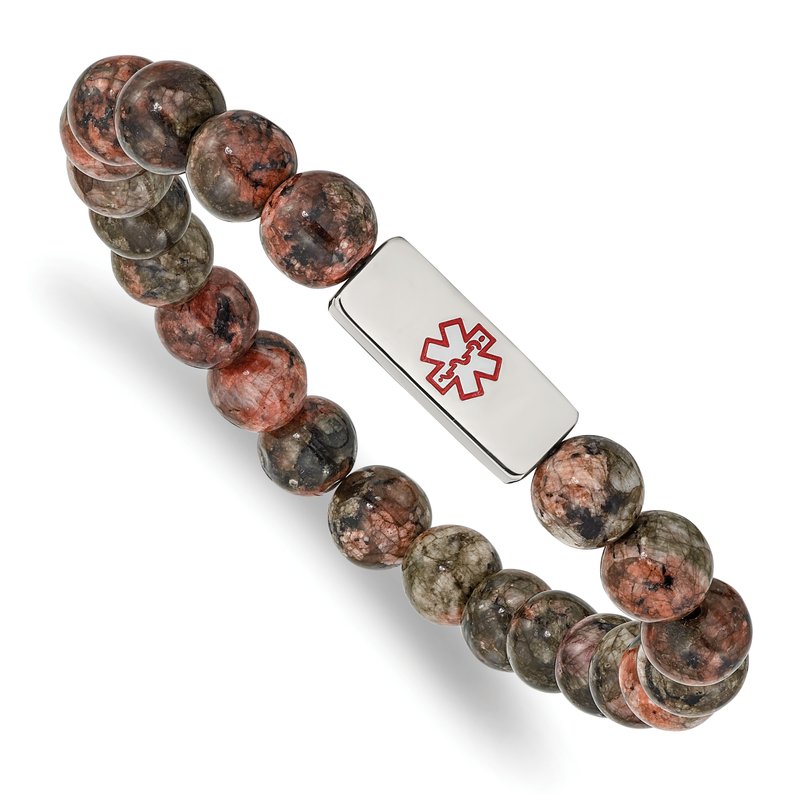 Stainless Steel Polished with Red Enamel Medical ID 8.5mm Poppy Jasper Beaded Stretch Bracelet