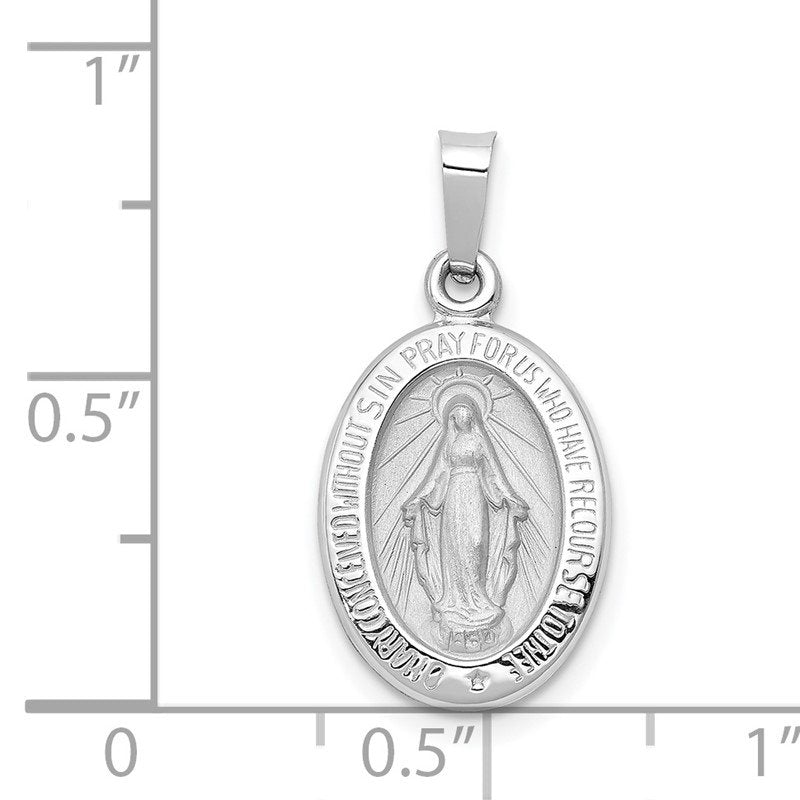 14k White Gold Polished and Satin Hollow Miraculous Medal Oval Pendant