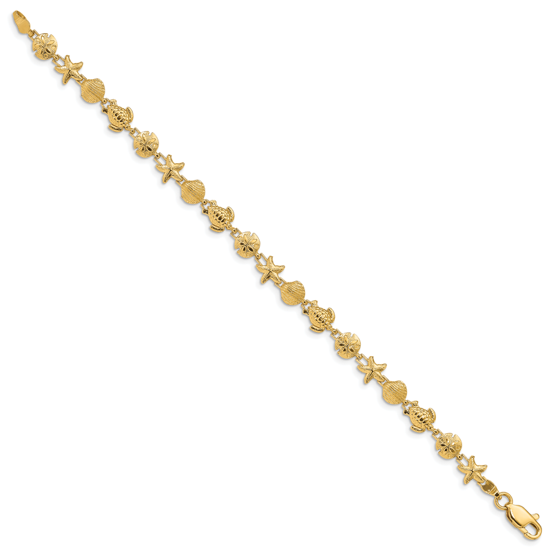 14k Polished and Textured Sea Life 7 inch Bracelet