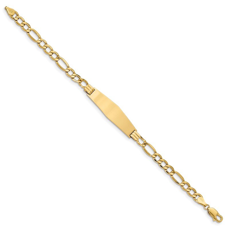14k Polished Semi-Solid Chain/Solid Plate Figaro Link Soft Diamond Shape 34x10mm Plate 7 inch ID Bracelet