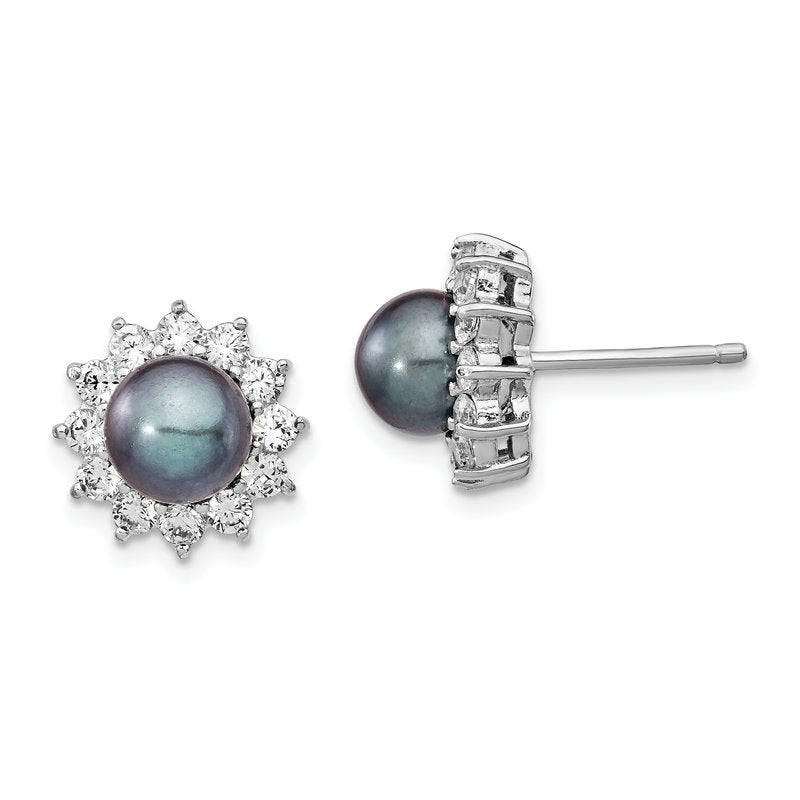 Sterling Silver Rhodium-plated Black Freshwater Cultured Pearl and Brilliant-cut CZ Post Earrings