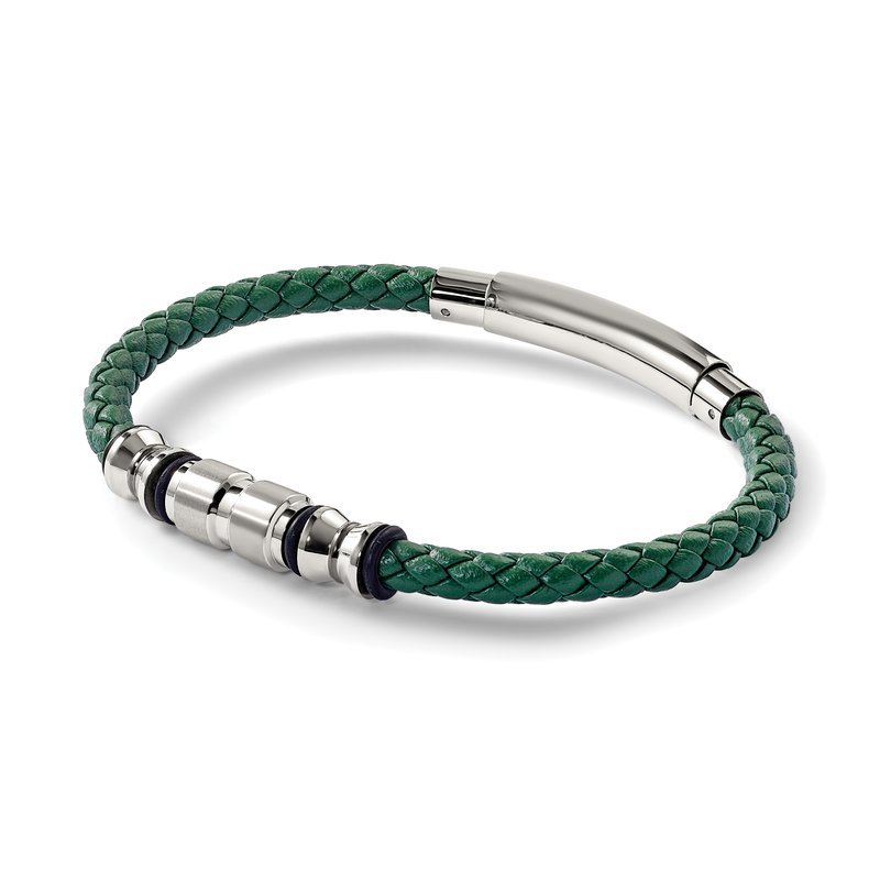 Stainless Steel Brushed and Polished Black IP-plated with Rubber Green Braided Leather Adjustable 7.75 to 8.25 inch Bracelet