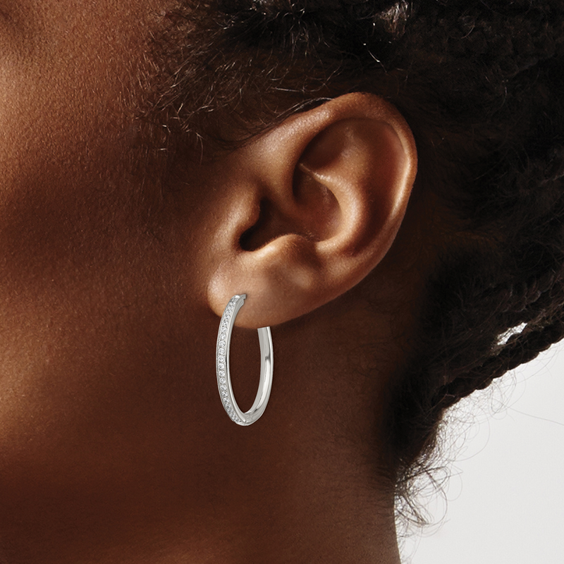 Stainless Steel Polished with CZ 2.5mm Hinged Hoop Earrings