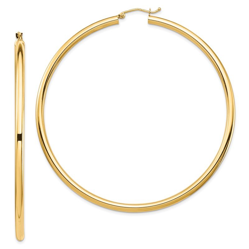 14k 3x70mm Polished Lightweight Round Tube Hoop Earrings