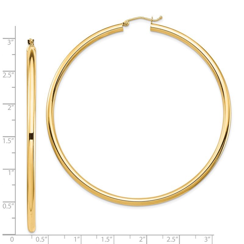 14k 3x70mm Polished Lightweight Round Tube Hoop Earrings