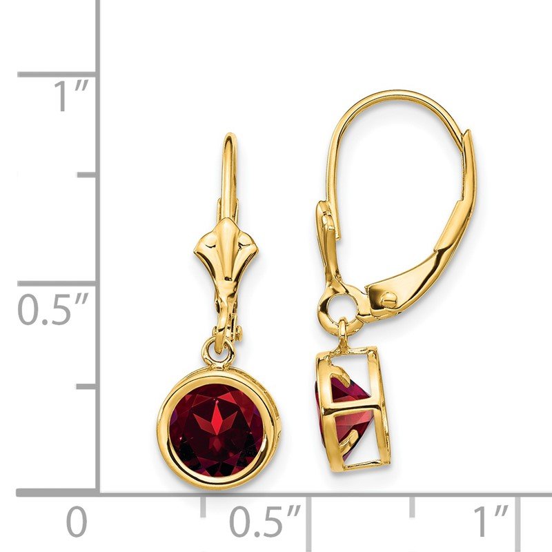 14k 6mm Round Garnet Bezel Leverback Dangle Earrings