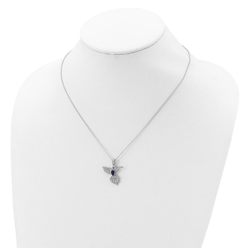 Sterling Silver Rhodium-plated Brilliant-cut Lab Created Dark Blue Spinel and Brilliant-cut White CZ Hummingbird 18 Inch Necklace