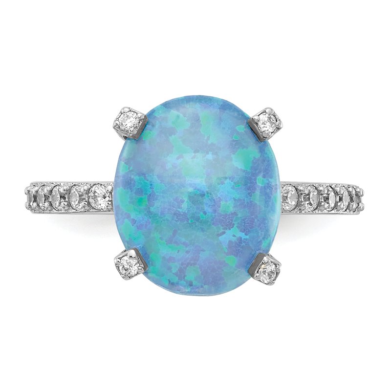 Sterling Silver Rhodium-plated Cabochon Lab Created Blue Opal and Brilliant-cut CZ Oval with Side Stones Ring