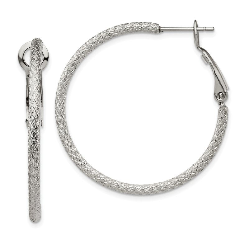 Stainless Steel Polished and Textured 2mm Omega Back Hoop Earrings