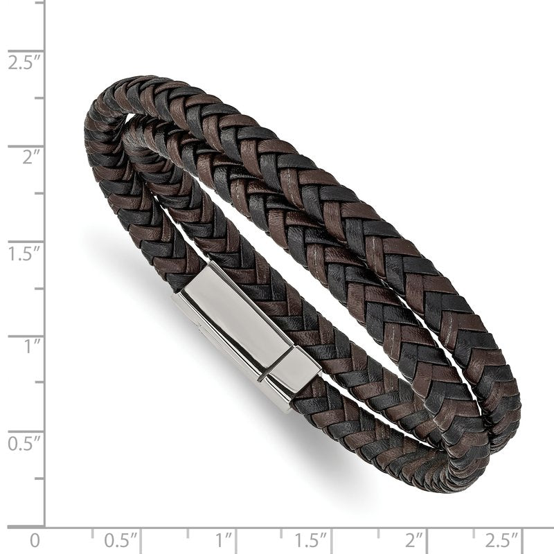 Stainless Steel Polished Black and Brown Braided Leather 15.75 inch Wrap Bracelet