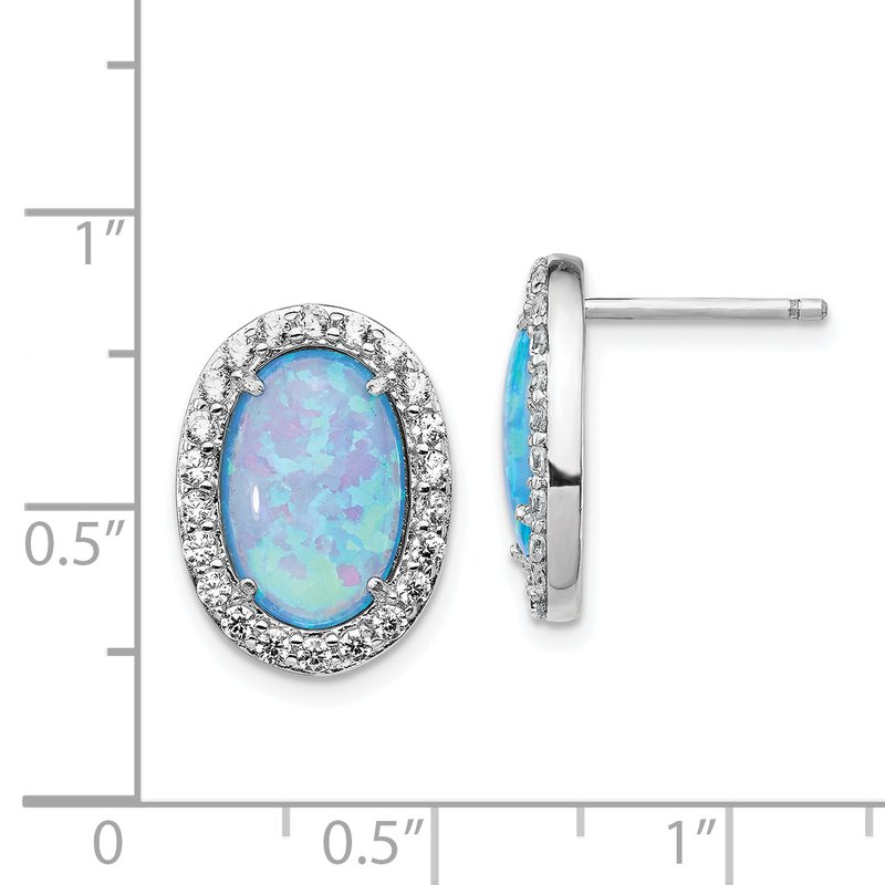 Sterling Silver Rhodium-plated Cabochon Lab Created Blue Opal and Brilliant-cut CZ Oval Post Earrings