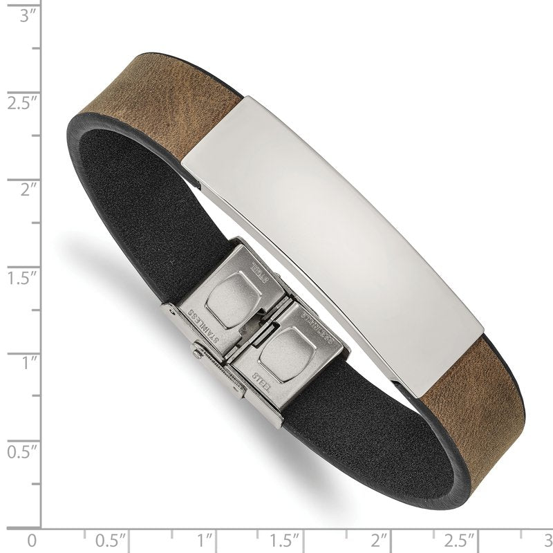 Stainless Steel Polished Black and Brown Leather 8.25 inch ID Bracelet