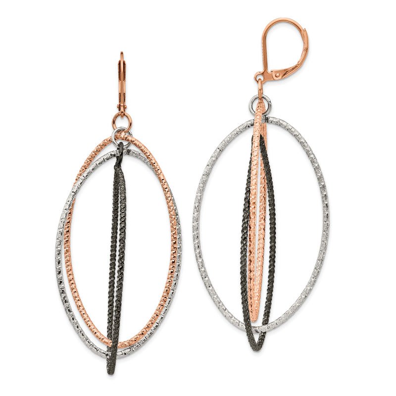 Stainless Steel Polished and Textured Gun and Rose IP-plated Dangle Leverback Earrings