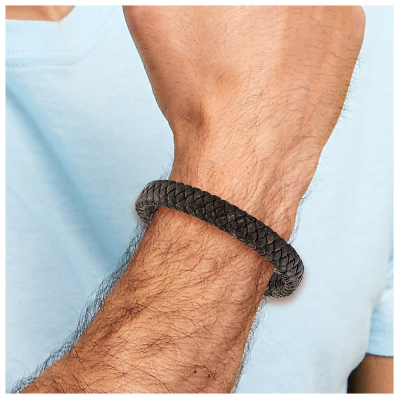Stainless Steel Antiqued and Brushed Brown Braided Leather 8.25 inch Bracelet