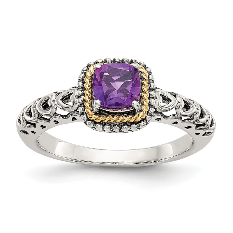 Sterling Silver with 14K Accent Antiqued Cushion Amethyst Ring