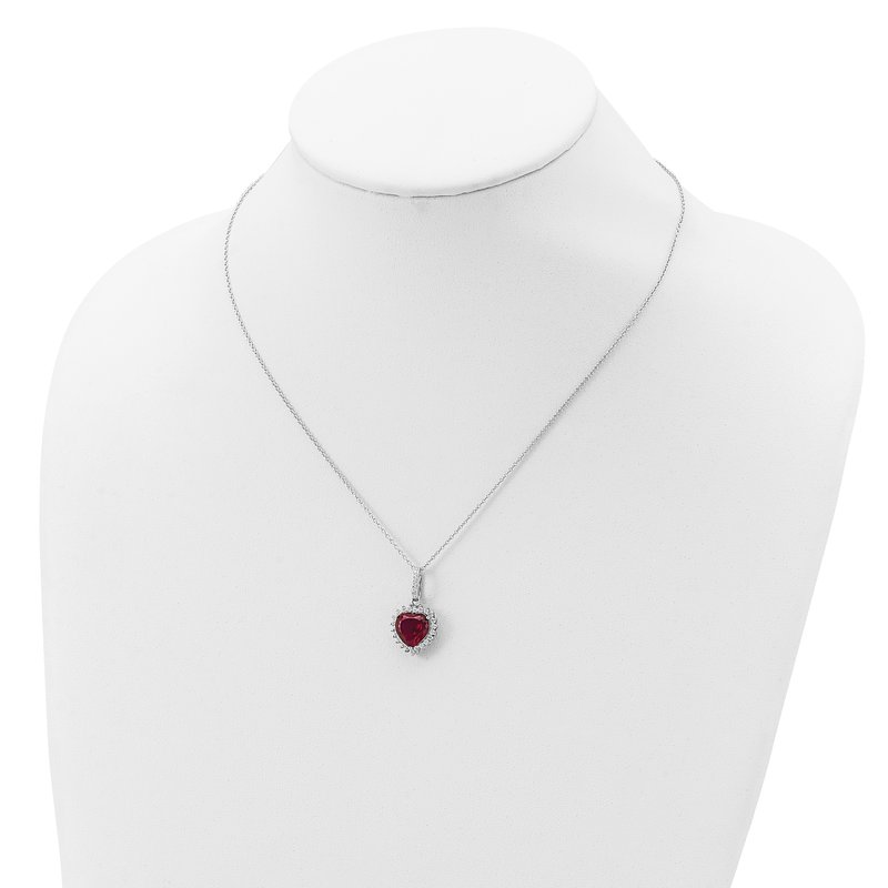 Sterling Silver Rhodium-plated 100 Facet Lab Created Ruby and Brilliant-cut White CZ Heart Halo 18 Inch Necklace
