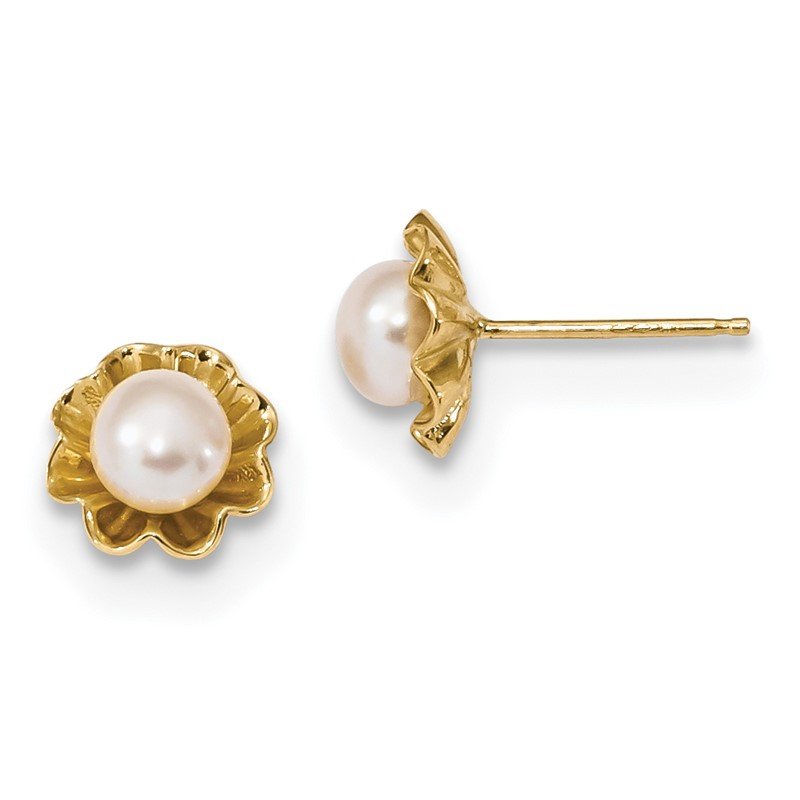 14k 5-6mm White Button Freshwater Cultured Pearl Flower Post Earrings