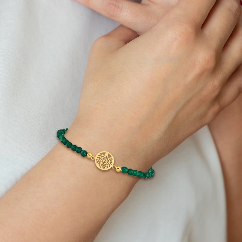Stainless Steel Polished Yellow IP-plated Tree of Life 4mm Green Jade Beaded Stretch Bracelet